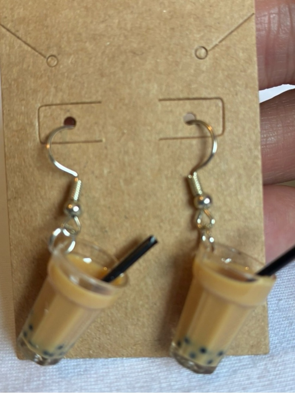 Beige Bubble Tea Dangle Earrings with Black Straw Accent